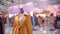 Blurred background of a modern shopping mall with mannequins in fashion shopfront. Pastel Lilac and yellow colors