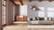Blurred background, modern trendy living room and kitchen. Wooden cabinets and fabric sofa. Minimal farmhouse interior design