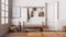 Blurred background, nordic farmhouse hallway. Wooden bench and coat rack. Glass, wallpaper and entrance door, scandinavian