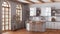 Blurred background, rustic wooden kitchen with island and stools. parquet, shelves and cabinets. Farmhouse interior design