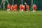 Blurred Background of Sports Team with Coach on Training Field. Soccer Summer Training Camp