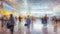 Blurred background of travelers walking in international terminal at the airport in a rushing hour. Generative AI