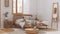 Blurred background, wooden farmhouse bedroom in boho chic style. Rattan bed and furniture. Vintage interior design