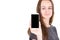 Blurred beautiful attractive pretty youn girl holding smartphone with empty black screen