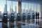 Blurred bokeh effect in a banking hall with teller windows, customers, and city skyline