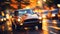 Blurred bokeh effect overlayed with vibrant car showroom scenes and vintage automotive icons
