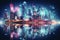 Blurred bokeh effect vibrant night cityscape with neon lights and blurred foreground