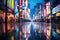 Blurred bokeh effect vibrant night cityscape with neon lights and urban entertainment