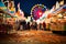 Blurred bokeh at vibrant carnival with rides, games, and food stalls against dark night sky.