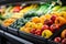 Blurred and bright out of focus interior of a busy grocery store with colorful aisles and shelves