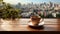 blurred busy city background looked from the window a cup of tea on the wooden table.generative ai