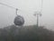 Blurred of cable car in thick fog with rain drop on clear mirror glass.