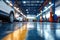 Blurred car repair station with epoxy floor, electric lift background