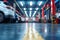 Blurred car repair station with epoxy floor, electric lift background