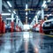 Blurred car repair station with epoxy floor, electric lift background