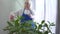 Blurred Caucasian woman spraying water on domestic plants at the background. Retiree in blue apron taking care of home