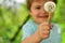 Blurred child. Little boy in forest holds one dandelion. Cute smile from child on nature. Spring and summer in the air