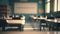 Blurred classroom, empty chairs, sunlight.