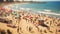 Blurred crowded day at the beach on sunny summer day and tilt shift effect