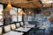 Blurred defocused background of trendy loft hipster cafe interior