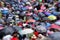 Blurred defocused crowd with umbrellas