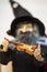 blurred and defocused photo of a wizard puppet, holding a violin