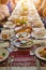 A blurred dining room for an Asian audience sits in a long line of table.