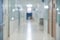 Blurred Empty Abstract Hospital Corridor Pathway White soft Blue Background From Perspective Building Hallway for useus way to