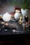 Blurred esoteric magic objects tarot cards on witch table altar