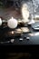 Blurred esoteric magic objects tarot cards on witch table altar