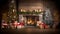 Blurred Fireplace Surrounded, decorated Christmas tree