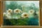 Blurred flowers, daisies in a wooden window frame, wet glass window, raindrops. Natural watercolor painting of nature