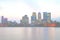 Blurred foggy Cityscape of London Canary Wharf business district