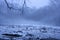 Blurred glade covered with snow in the middle of a gloomy dark forest.