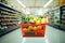 Blurred grocery store backdrop, featuring a brimming shopping basket