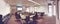 Blurred image of business people and student sitting in conference room, meeting room for profession seminar with screen projector