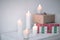 Blurred image. candles and gift boxes .photo with copy space