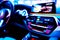Blurred image of car interior. Dashboard. Blur defocused transportation background. Driving inside car. Bokeh light background. Bl