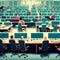 Blurred image of a conference room with rows of chairs and tables AI Generated