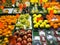 Blurred image of fruits and vegetables on a schaffhold in a garden market. for natural and healty concept
