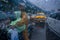 Blurred image, Kolkata, West Bengal, India. Image shot through raindrops falling on wet glass, abstract blurs of traffic -