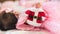 Blurred image of Littte adorable newborn Asian girl, 1 to 2 months, with pink dress holding miniature red Santa Claus suit by her