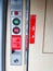 Blurred image, Moscow, Russia . Emergency door opening system with instructions how to open in an emergency, in Russian and