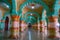 Blurred image, Mysore, Karnataka, India. Beautiful decorated interior ceiling and pillars of the Durbar or audience hall inside