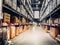 Blurred image of shelf in modern distribution warehouse or storehouse. Defocused background of industrial warehouse interior aisle