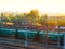 Blurred industrial carriage on railway station background