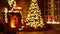 Blurred interior christmas. magic glowing tree, fireplace, gifts in  dark