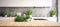 Blurred interior of a white kitchen with a wooden countertop with a green plants