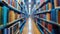 Blurred library aisle between colorful bookshelves, illuminated ceiling.