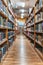 Blurred library aisle with focused bookshelves and wooden floor.